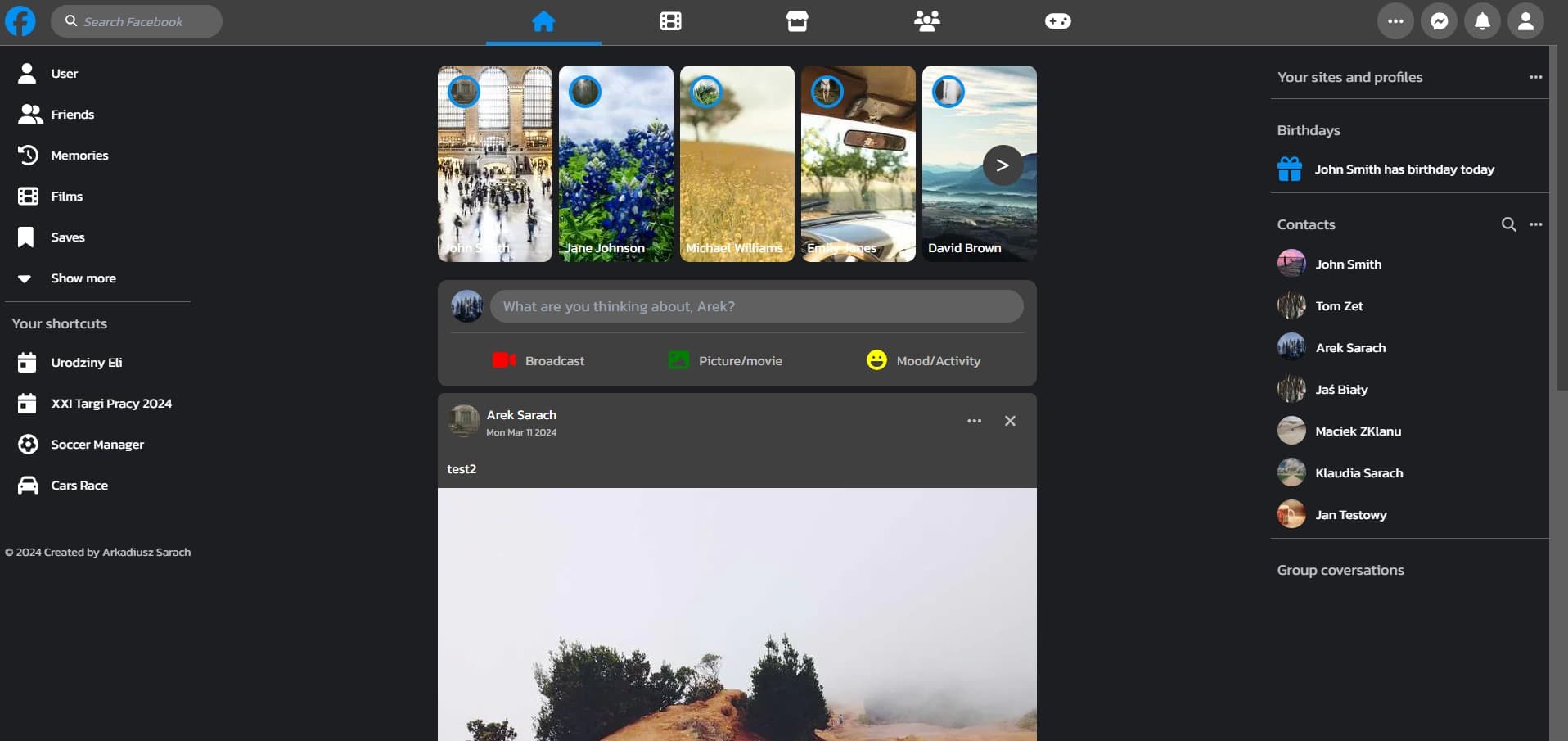 Zrzut ekranu projektu Facebook Clone