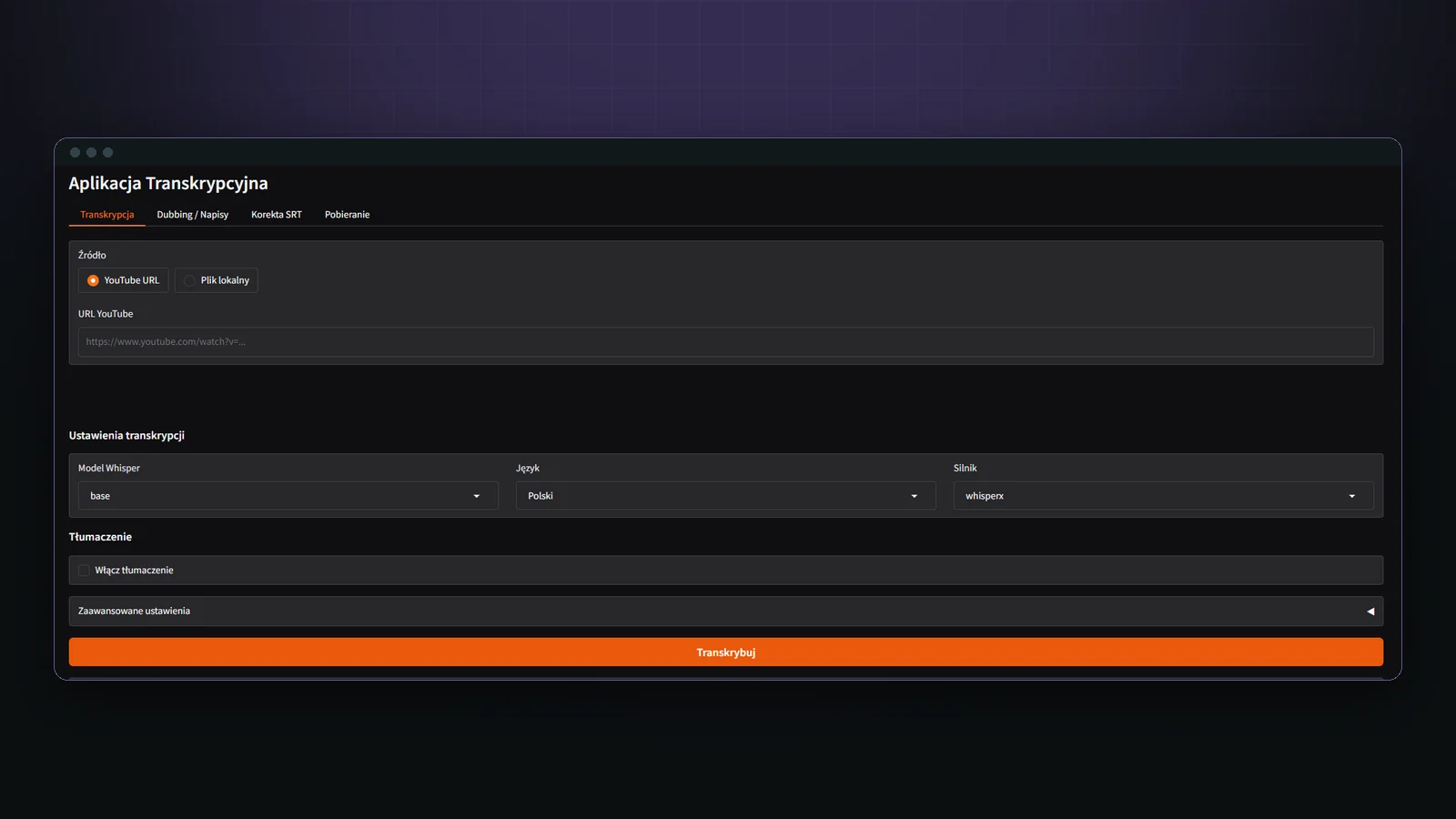 Zrzut ekranu projektu Transcription Tool